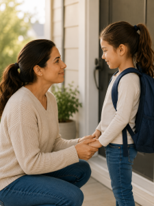 Parent talking with a child before school, illustrating how consistent follow-through helps children develop trust and emotional security.