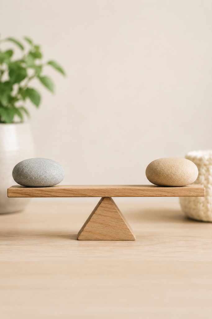 Balanced stones on a wooden scale representing the difference between natural consequences and punishment in parenting.