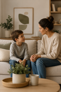 Parent and child having a calm conversation about learning from mistakes and making better choices.