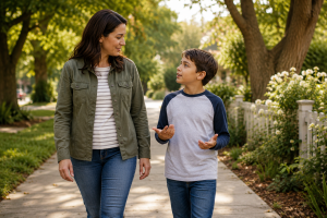 Parent and child walking together while talking about choices, responsibility, and safety.