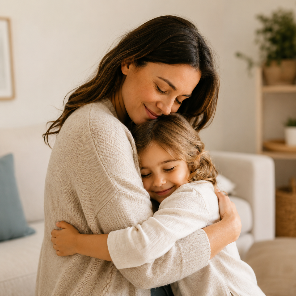 Parent hugging young child in a warm home environment, illustrating the parenting habits that help children feel safe, secure, and emotionally connected.