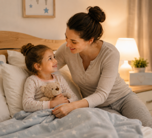 Parent helping a child with a bedtime routine, demonstrating how predictable daily habits help children feel safe and secure.