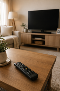 Television remote on a table with a blank TV screen in the background representing a punishment example.