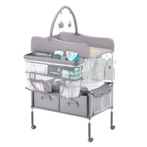 Baby Changing Table Foldable Diaper Change Station with 2 Fabric Drawers Side Basket & Hanging Rod Adjustable Height