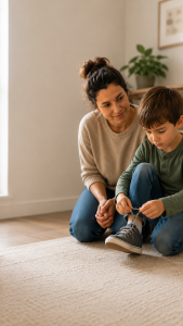 Child tying a shoe independently while a parent offers patient encouragement