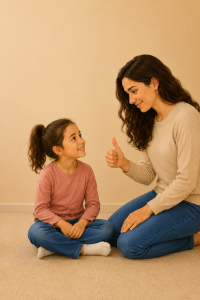 Illustration of a calm parent encouraging a child, showing that patience and consistency help children develop better communication skills over time.