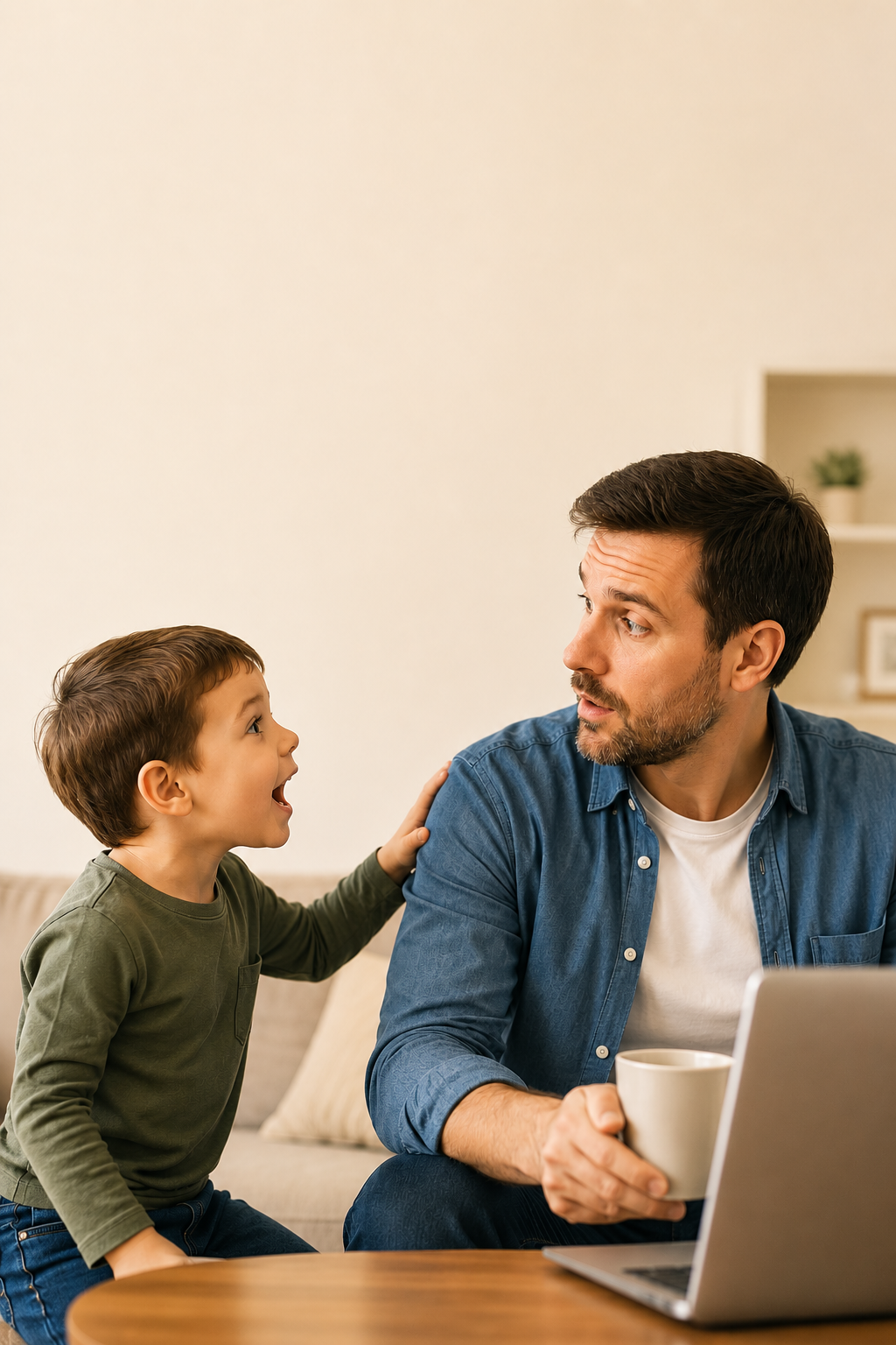 Father listening as his young son eagerly interrupts during a conversation, illustrating why kids interrupt and how parents can teach waiting skills.