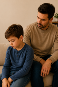 Young boy looking down while his father watches with calm concern, showing how fear can make children hide the truth.
