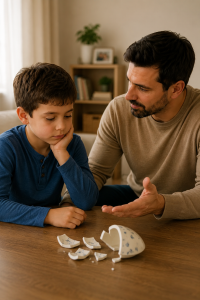 Father calmly talks with his son after a broken bowl, teaching accountability without shame.