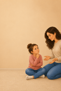 Illustration of a parent kneeling to calmly talk with a frustrated child, demonstrating a positive parenting response to whining.