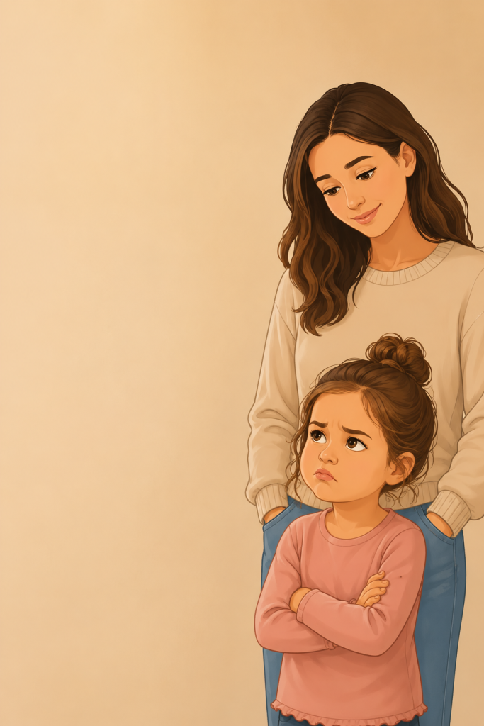 Illustration of a parent calmly supporting a child who is whining, showing a positive parenting approach to teaching better communication.