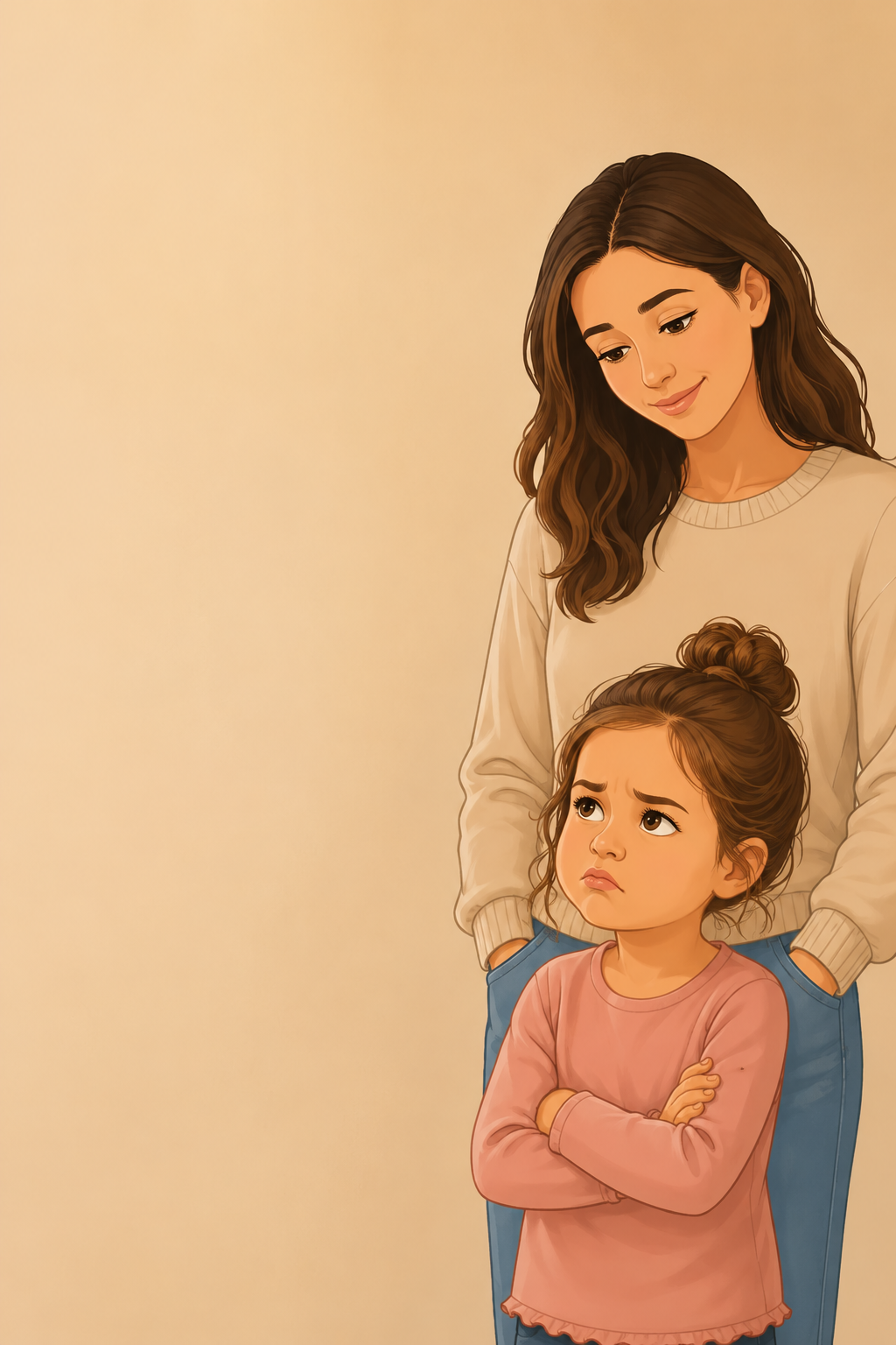 Illustration of a parent calmly supporting a child who is whining, showing a positive parenting approach to teaching better communication.