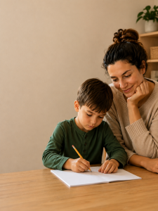 Parent encouraging a child to work independently while building confidence and resilience