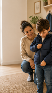 Parent patiently watching a child zip a jacket independently to build confidence
