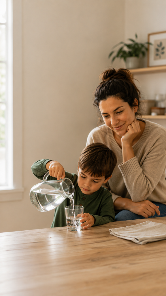 Parent patiently watching a child pour water independently to build confidence and resilience