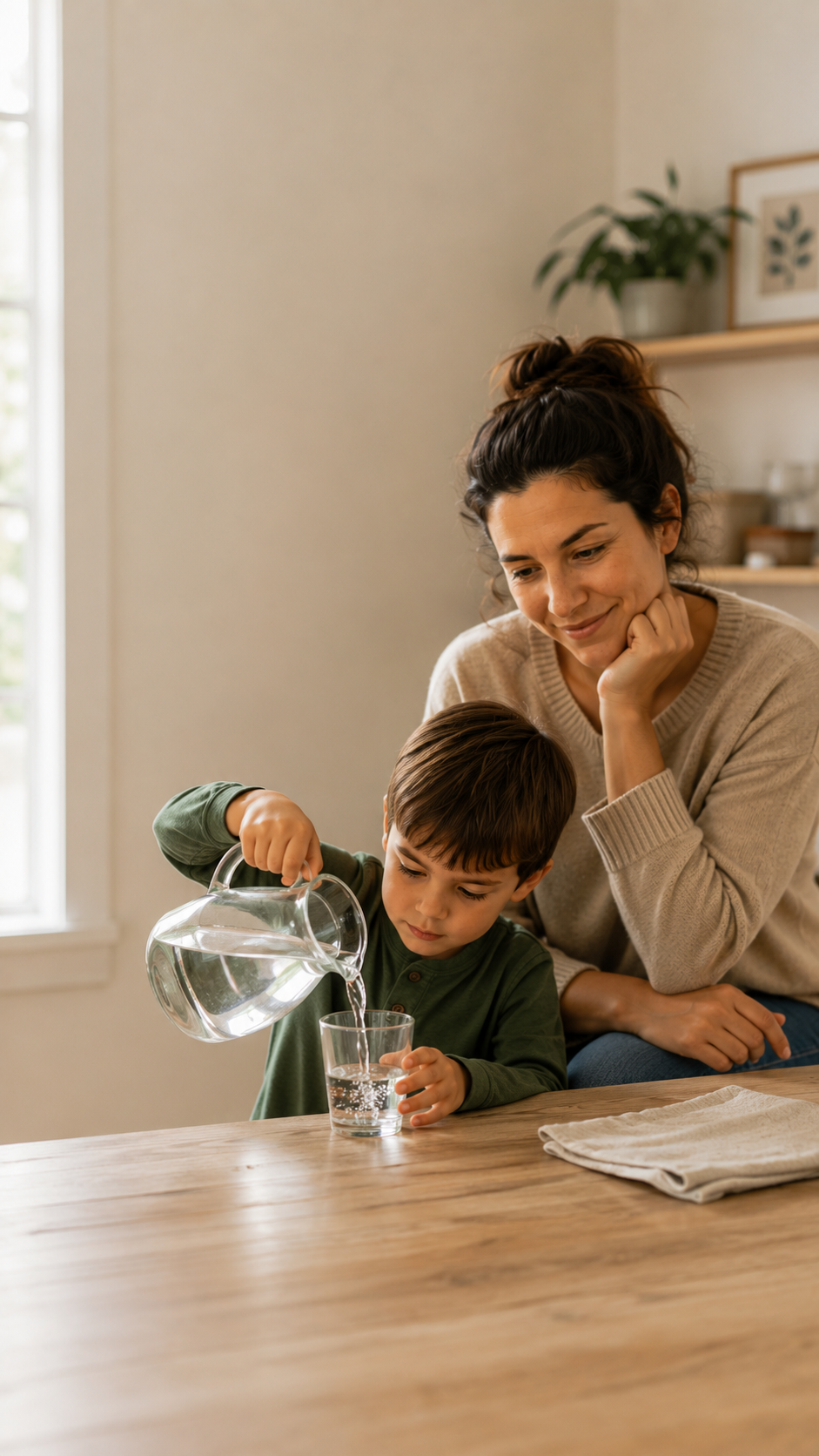 Parent patiently watching a child pour water independently to build confidence and resilience