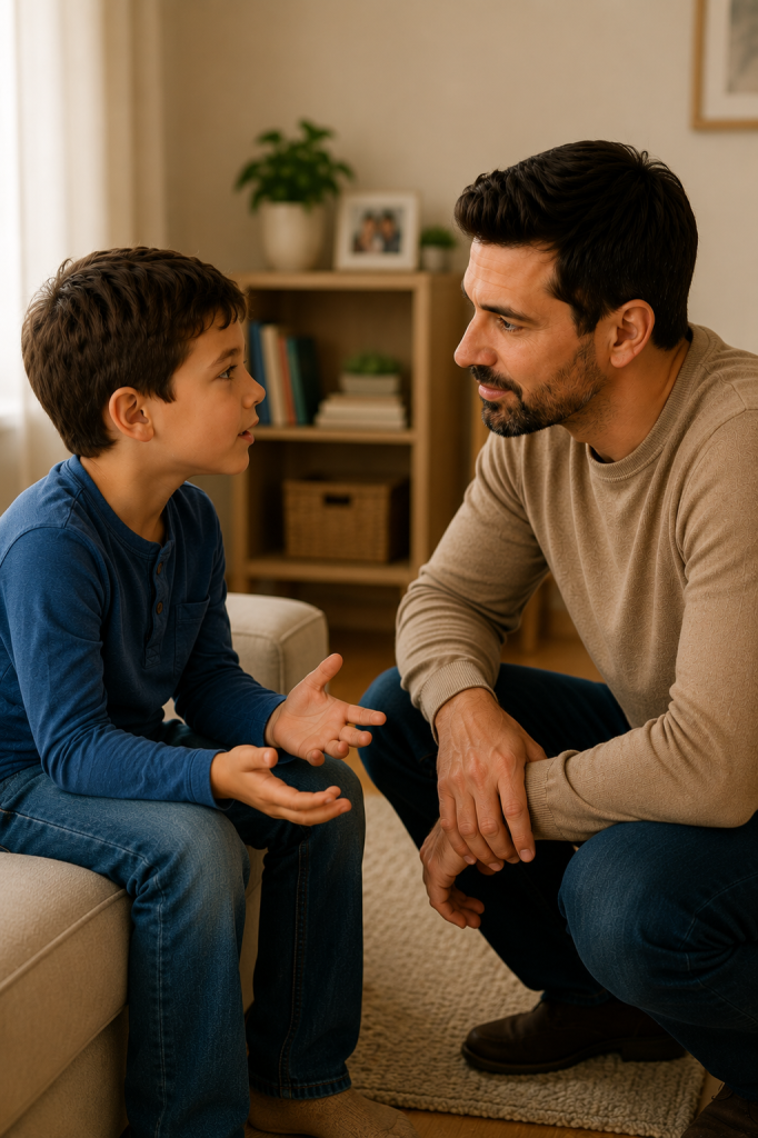 Father calmly listening to his son at eye level to encourage honesty without shame.
