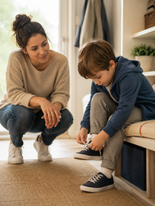 Parent encouraging a child to tie a shoe independently without taking over