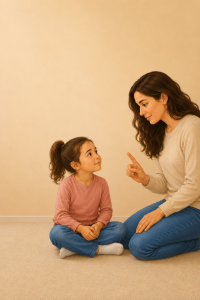 Illustration of a parent encouraging a child to speak in a calm voice, demonstrating positive parenting and healthy communication skills.