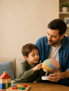 Father showing his young son a colorful brain model while explaining how children's brains are still developing impulse control and patience.