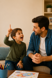 Excited young boy eagerly raising his finger while trying to share an important thought as his father looks on, illustrating why kids interrupt.