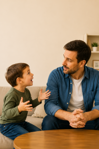 Father listening attentively as his excited young son interrupts to share something important, illustrating why kids interrupt.