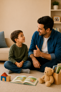 Father smiling and giving his young son a thumbs-up after he patiently waited his turn to speak.