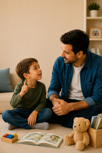 Father gently coaching his young son to wait his turn and use respectful words instead of interrupting