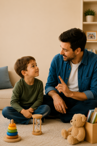 Father patiently teaching his young son to wait using an hourglass, illustrating that waiting is a skill children learn over time.