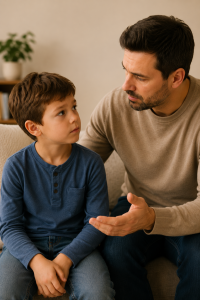 Father calmly talking with his son, showing how a supportive response encourages children to tell the truth.