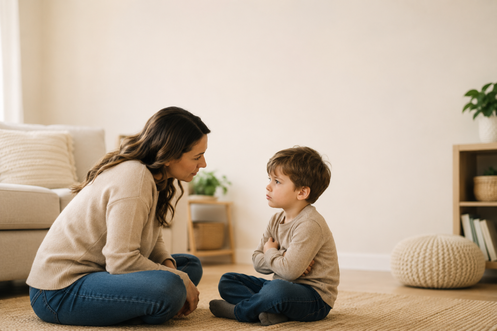 Parent calmly talking with a child to understand why kids push back instead of reacting with punishment.