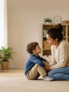 Parent sitting on the floor with a young child during a calm conversation, demonstrating a positive response when kids push back.