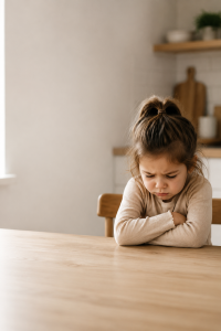 Frustrated child sitting quietly at a table, illustrating why kids push back when they feel overwhelmed, unheard, or need more control.