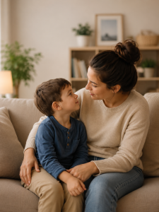 Parent and young child sharing a calm, connected moment, showing how understanding and healthy boundaries help when kids push back.