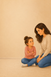 Illustration of a child looking frustrated while a calm parent offers support, representing common reasons children whine, such as feeling overwhelmed, tired, or unable to express their needs.