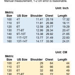 Size chart for Kindergarten T-shirt