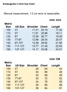 Size chart for Kindergarten T-shirt