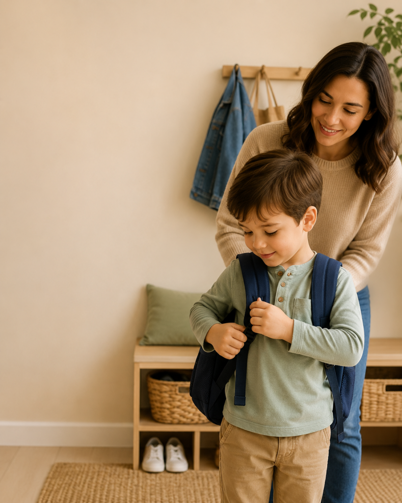 Mother supporting her young son as he gets ready with his backpack during a morning routine