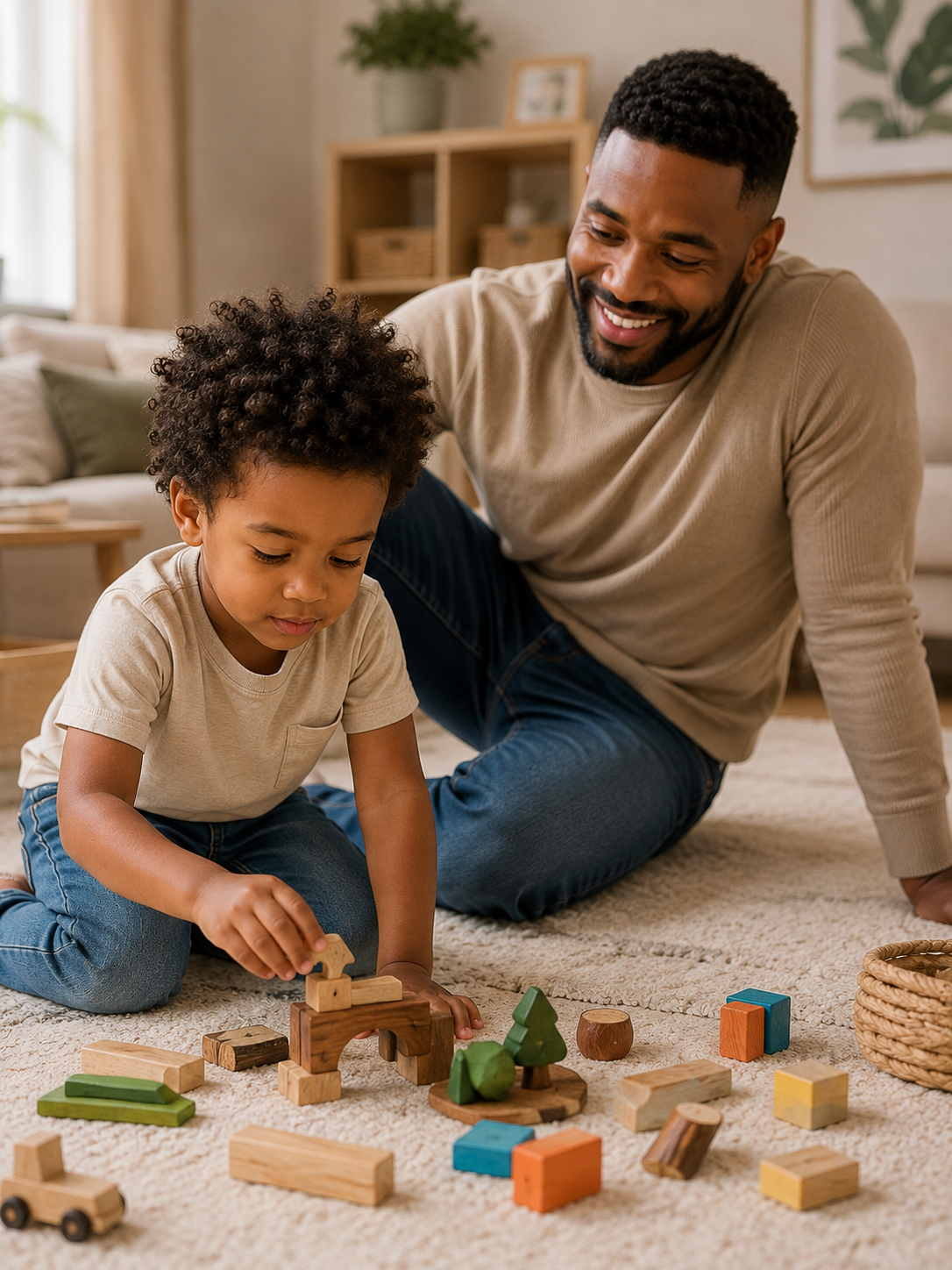 Father relaxing nearby while young boy plays independently with colorful blocks on the floor