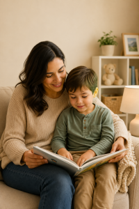 Mother and young son reading together in a calm, cozy home environment