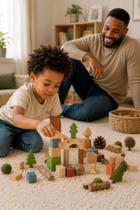 Young boy building with colorful blocks while his father watches nearby, giving him space for unstructured play