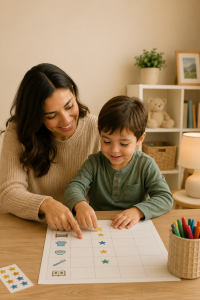 Mother and young son using a visual routine chart together at home