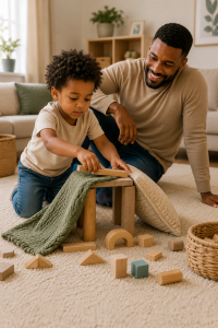 Young boy building a creative structure with cushions and wooden blocks during unstructured play
