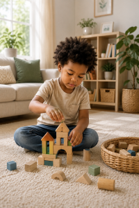 Young boy independently building with wooden blocks during unstructured play