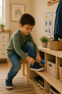 Young boy putting on his shoe as part of his daily routine