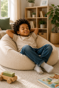 Young boy relaxing in a beanbag during quiet, unstructured playtime at home