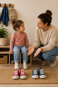 A mother offers her young daughter a choice between red shoes and blue shoes. The image demonstrates how giving children two acceptable options can reduce power struggles and encourage cooperation.