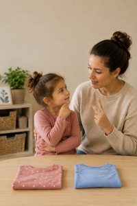 A mother sits with her young daughter at a table with two folded shirts, encouraging her to choose between them. The image illustrates how offering two good choices can reduce power struggles and encourage cooperation.