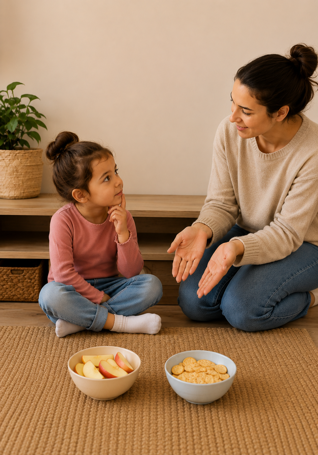 A mother offers her young daughter two healthy snack choices while encouraging her to decide. The image illustrates how giving children two good options can reduce power struggles and build cooperation.