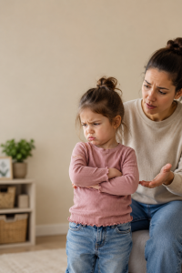 A mother calmly talks with her young daughter, who stands with her arms crossed during a power struggle. The image illustrates a common parenting challenge and introduces the idea of reducing conflict by offering children two good choices.